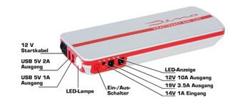 Starthilfegerät für Batterien beschriftet von der Marke Dino